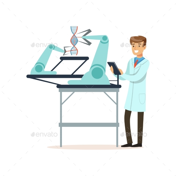 Male Scientist and Robotic Arm Conducting - Technology Conceptual