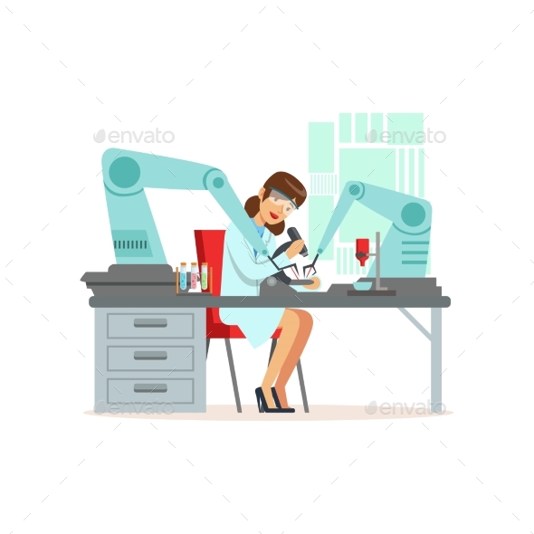 Female Scientist and Robotic Arm Conducting - Technology Conceptual