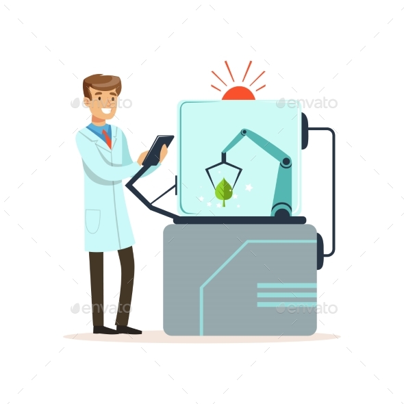 Male Scientist and Robotic Arm Conducting - Technology Conceptual