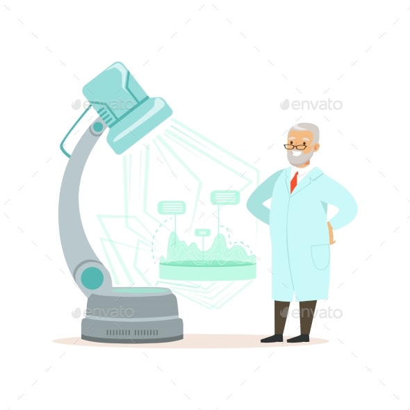 Mature Doctor Looking at Media Screen, Scientist - Technology Conceptual