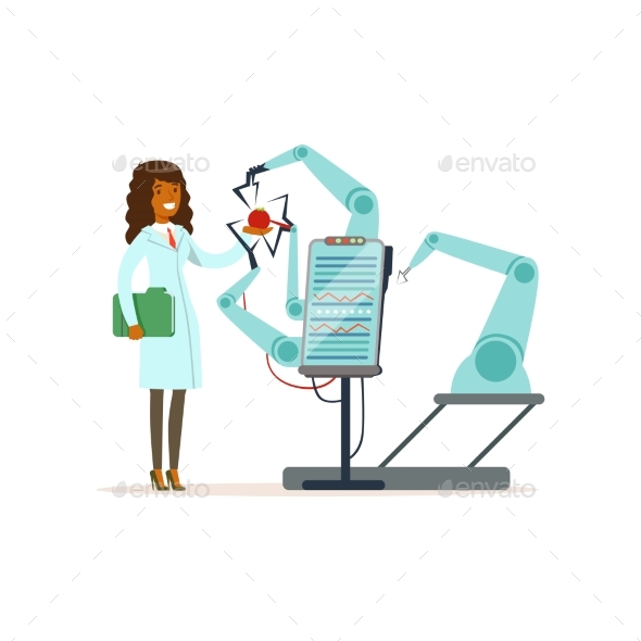 Female Scientist and Robotic Arm Conducting - Technology Conceptual