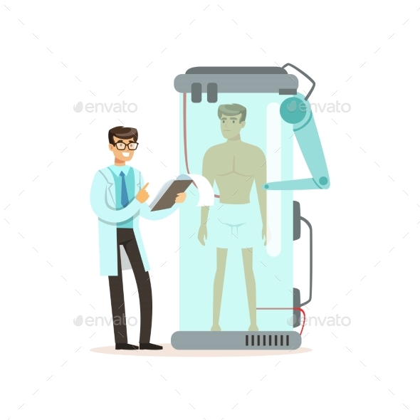 Male Scientist and Robotic Arm Working with Man in - Technology Conceptual