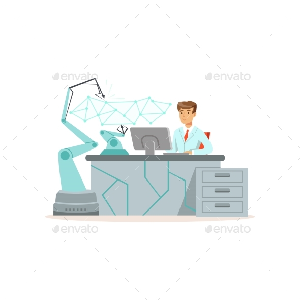 Male Scientist Working with Robotic Arm Conducting - Technology Conceptual