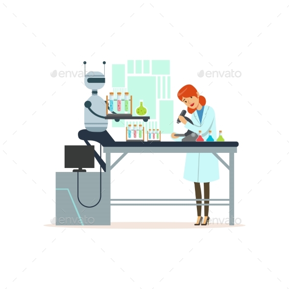 Female Scientist and Robotic Arm Conducting - Technology Conceptual