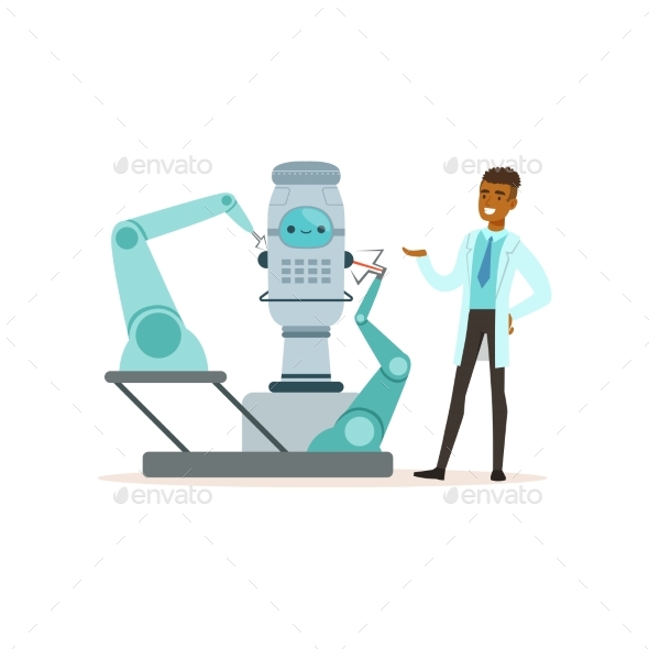 Male Scientist Working with Robot Conducting - Technology Conceptual