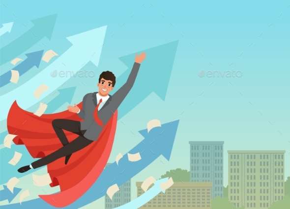 Businessman Flying Up with Growing Statistics - People Characters