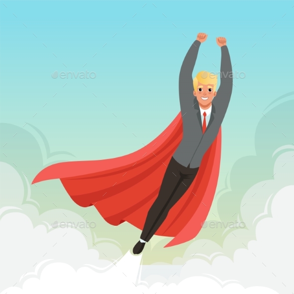 Young Businessman Flying with Hands Up on Blue Sky - People Characters