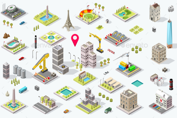Isometric City Icon Set - Buildings Objects