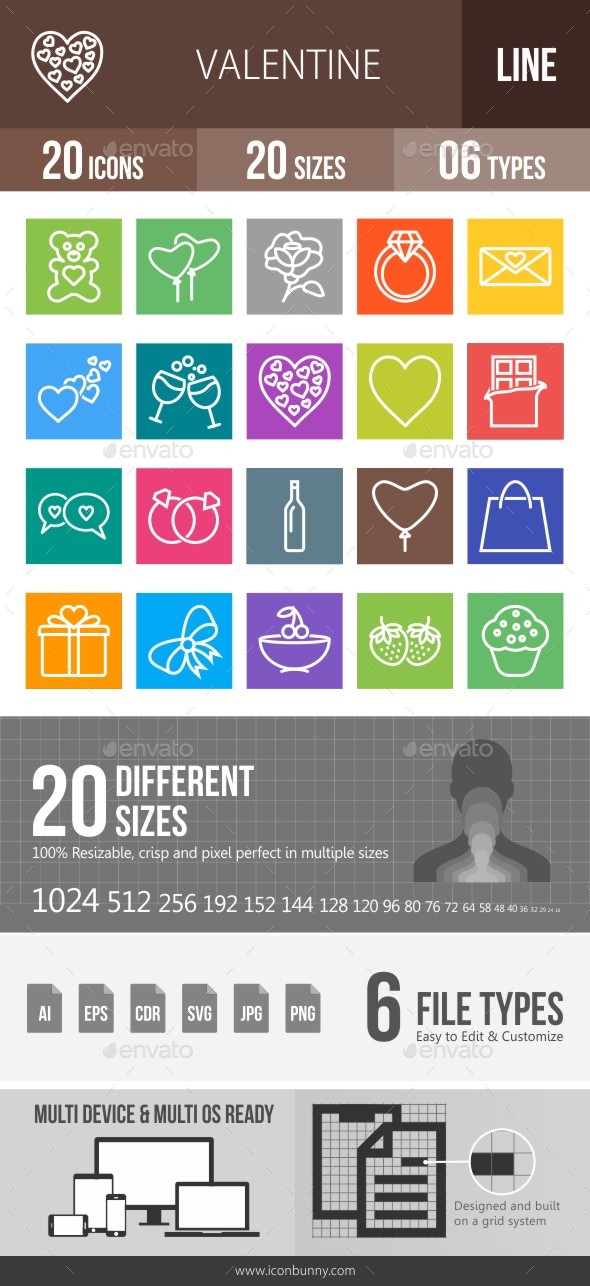 20 Valentine Line Multicolor B/G Icons - Icons
