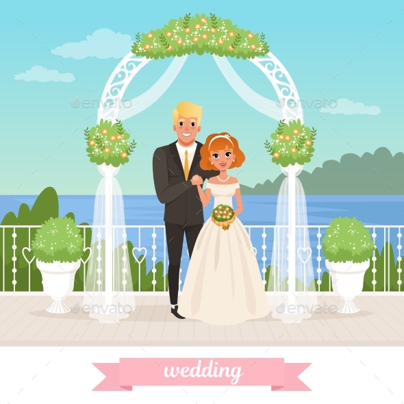 Bride and Groom Standing Under Floral Arch - Weddings Seasons/Holidays