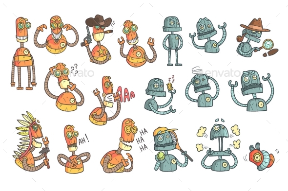 Orange Robot Set Of Cartoon Outlines Portraits - Miscellaneous Characters