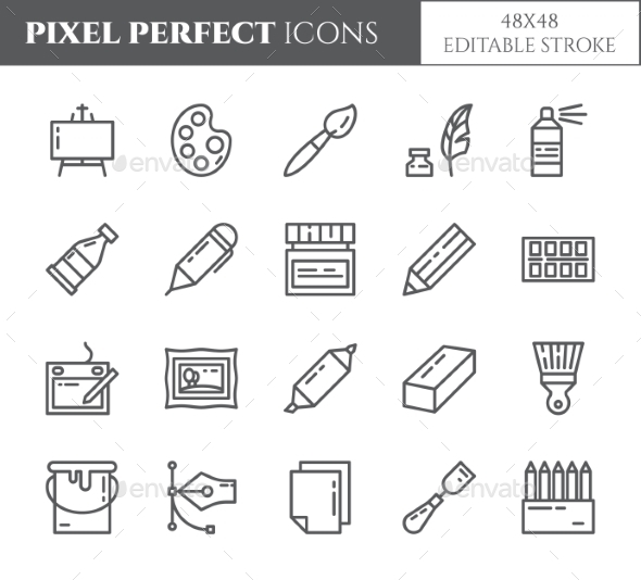 Art Supplies Theme Pixel Perfect Thin Line Icons. - Miscellaneous Icons
