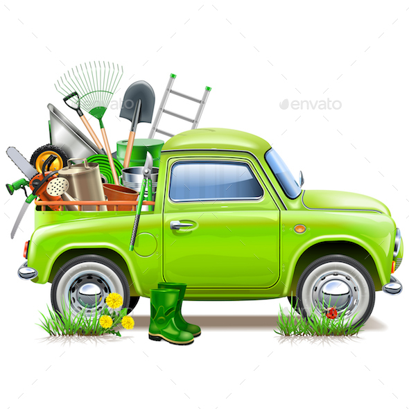 Vector Pickup Truck with Garden Accessories - Man-made Objects Objects