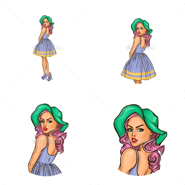 Vector Pop Art Avatar Icon of Pin Up Fashion Lady - People Characters
