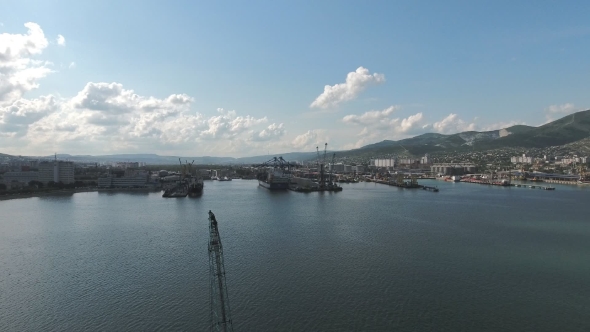 Industrial Seaport, Top View. Port Cranes and Cargo Ships and Barges. alt