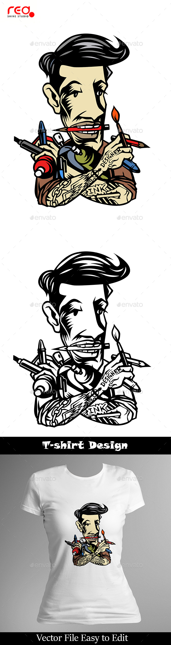 Artist Painter Holding Pencil Paintbrush T-Shirt Design - People Characters