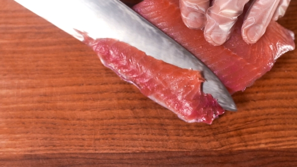 Japanese Gourmet Asian Seafood Restaurant Food Chef Preparing Sushi Salmon Fish