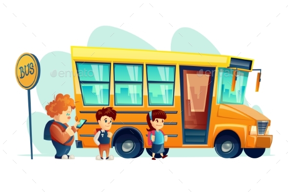 Vector Illustration of Children Get on School Bus - Miscellaneous Vectors