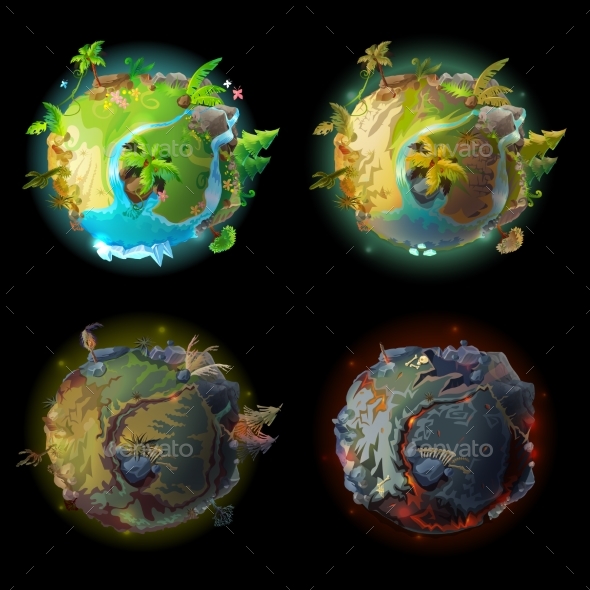 Vector Cartoon Planet Evolution Game Design Set - Landscapes Nature