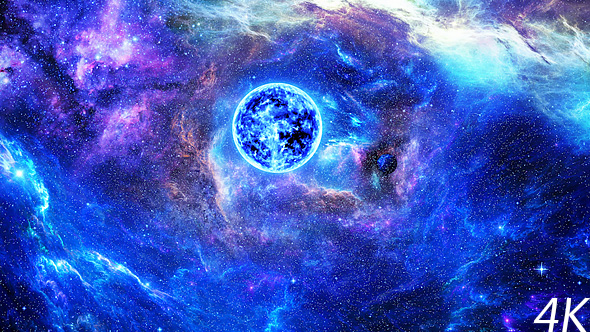 Journey Through Abstract Colorful Nebulae in Space to the Big Blue Star and Planets