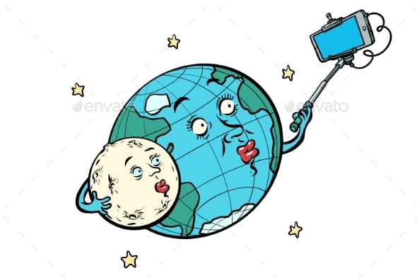 Planet Earth and Moon Couple Taking Selfie - Technology Conceptual