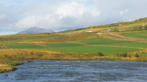 Amazing Icelandic Countryside Landscape in Sunny Fall Day, Mountain, River