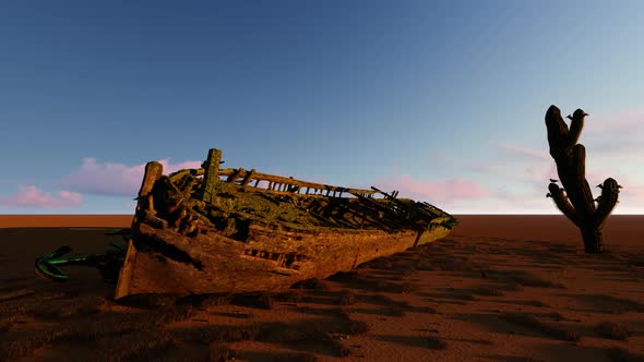 Desert Drifting Old Ship and Sunset