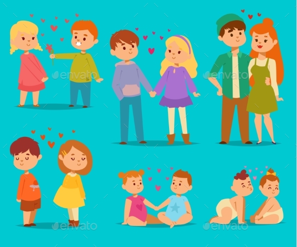 Happy Smiling Kids Lovely Couple with Hearts Fall - People Characters