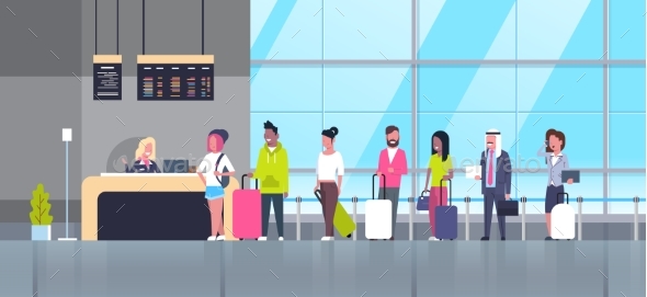 Check In Airport Group Of Mix Race Passengers - Man-made Objects Objects