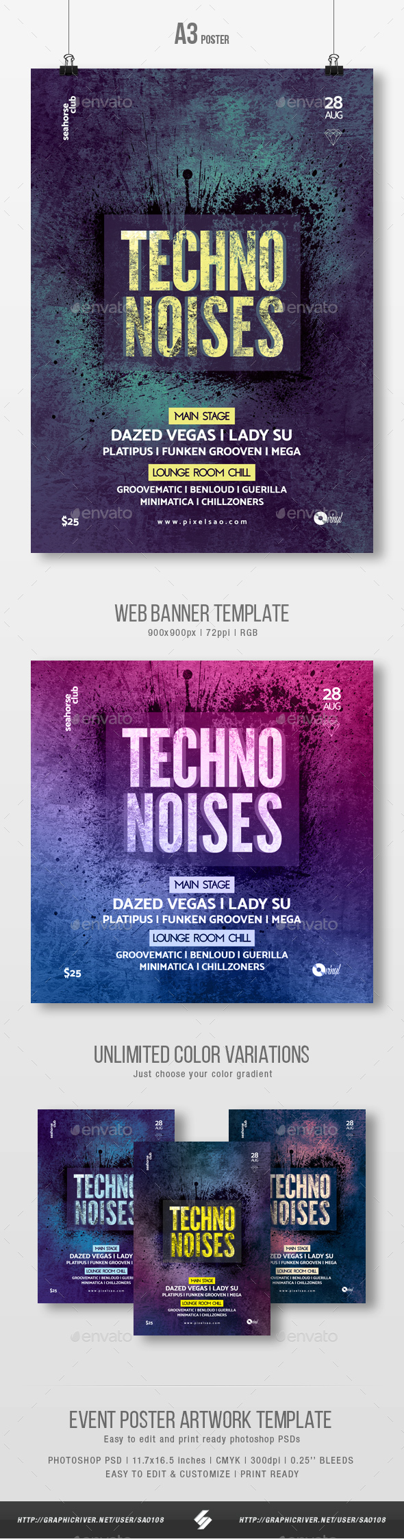 Techno Noises - Party Flyer / Poster Template A3 - Clubs & Parties Events