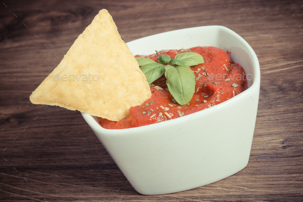 Vintage photo, Potato crisps and sauce in bowl, concept of unhealthy food - Stock Photo - Images