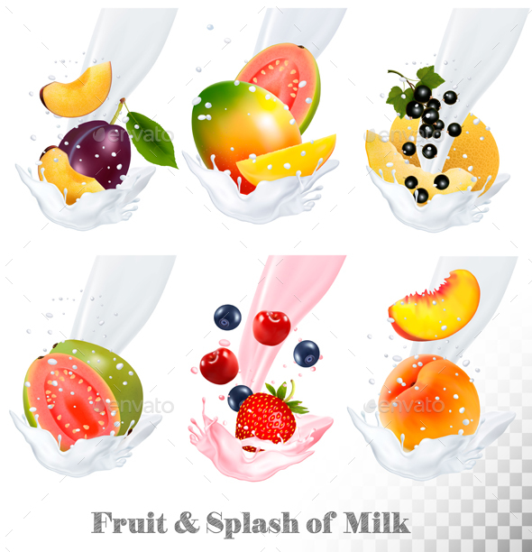 Collection Icons of Fruit in a Milk Splash - Food Objects