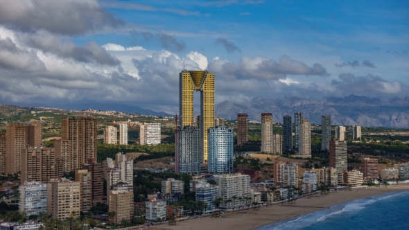 View of Benidorm Skyscrapers, High Buildings, Mountains and Sea