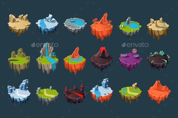 Cartoon Isometric Islands with Volcanoes - Miscellaneous Vectors