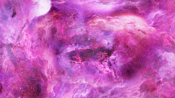 Travel Through Abstract Abstract Purple and Pink Nebulae in Space