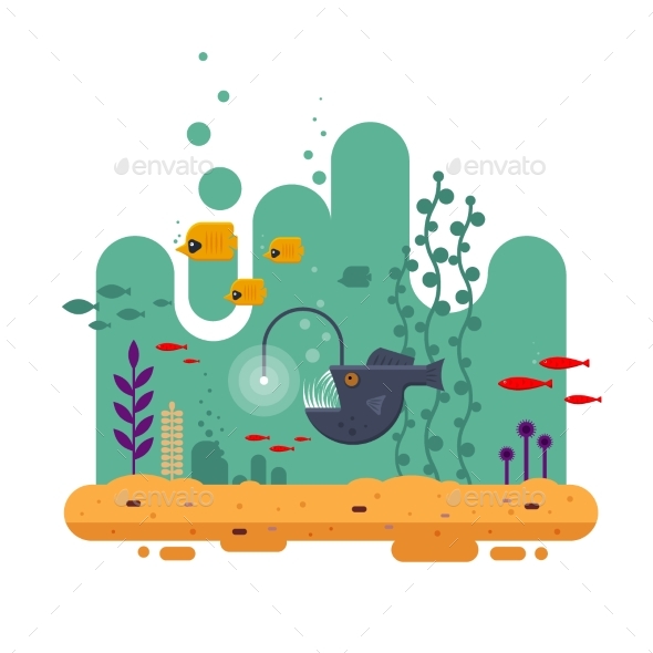 Angler Fish Swims on Depth Among Other Fish - Animals Characters