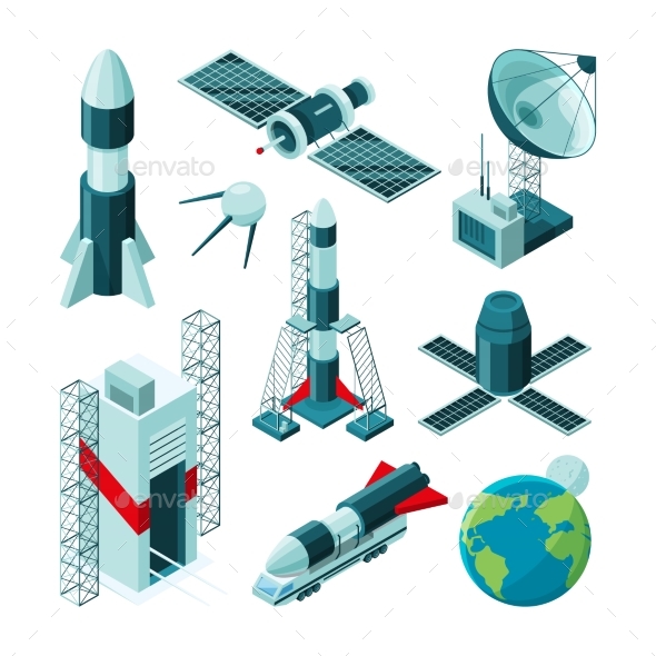 Isometric Pictures of Space Tools - Man-made Objects Objects