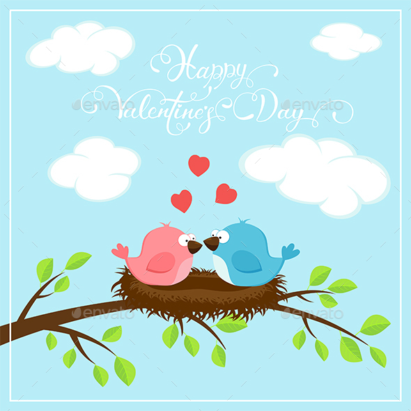 Happy Valentines Day with Two Birds and Hearts - Valentines Seasons/Holidays