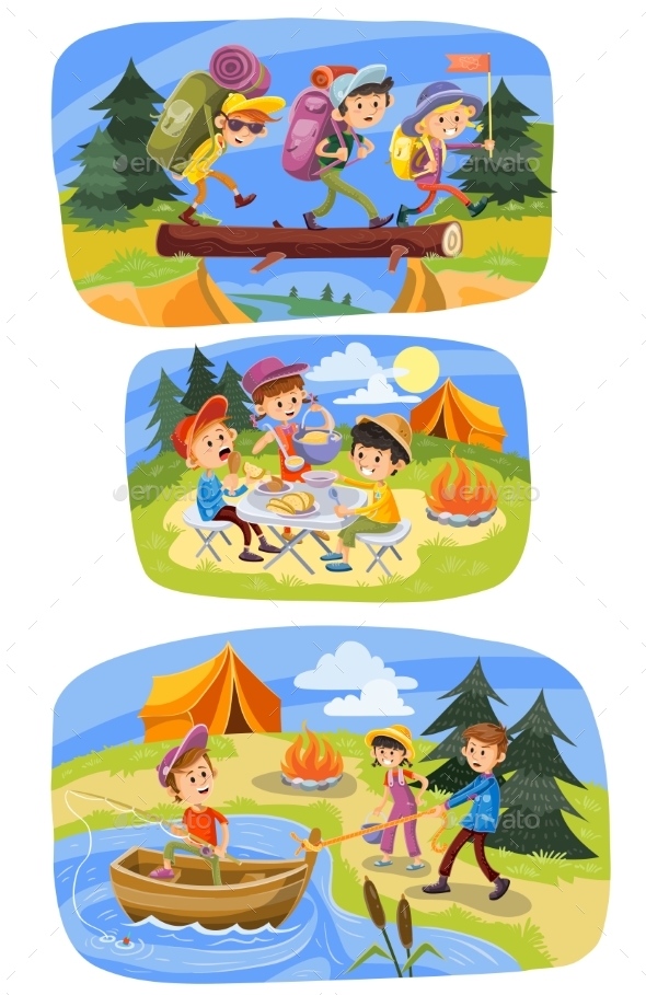 Kids Summer Camping Vector Cartoon Illustration - Sports/Activity Conceptual