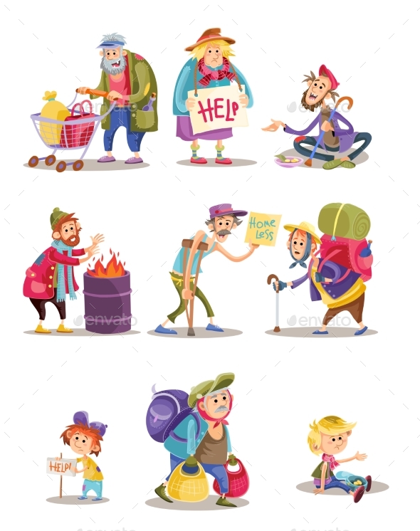 Homeless and Beggars People Vector Cartoon - People Characters