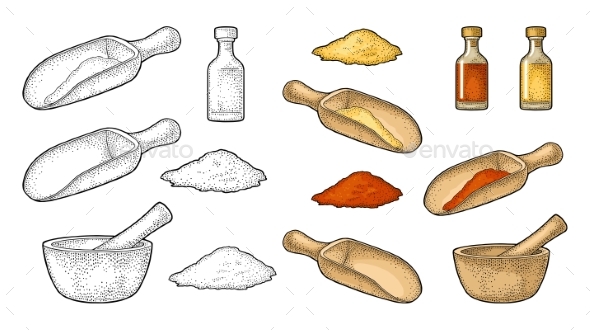 Wooden Mortar, Pestle, Scoop and Glass Bottle - Miscellaneous Vectors