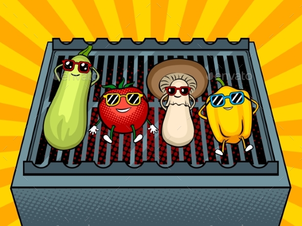 Vegetables on BBQ Pop Art Vector Illustration