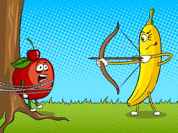 Banana Bow and Apple Pop Art Vector Illustration