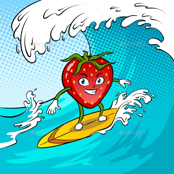 Strawberry Surf Sea Pop Art Vector Illustration