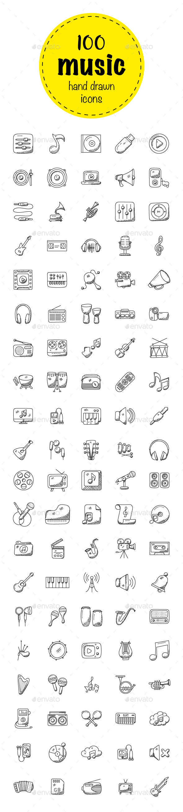 100 Music Hand Drawn Icons Set - Icons