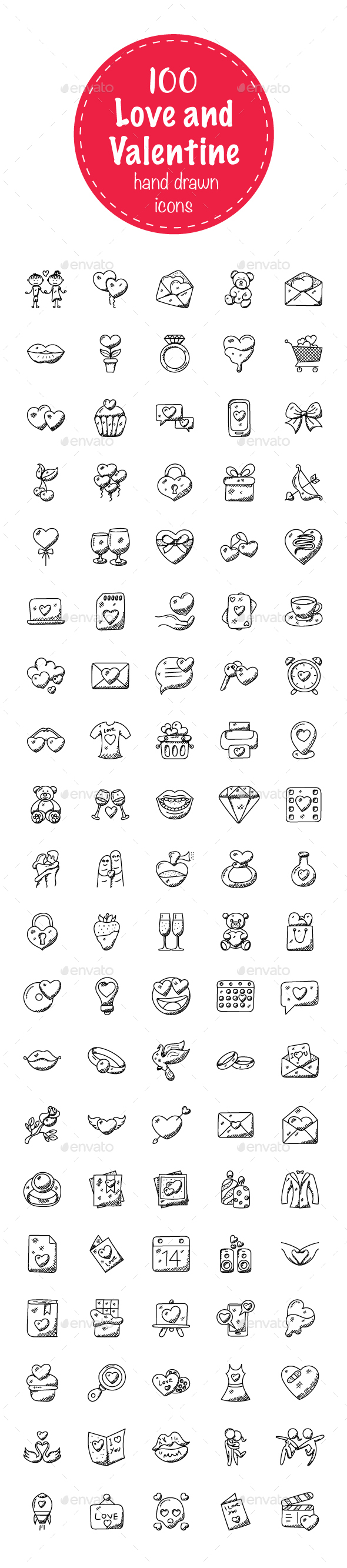 100 Love and Valentine Doodle Icons - Icons