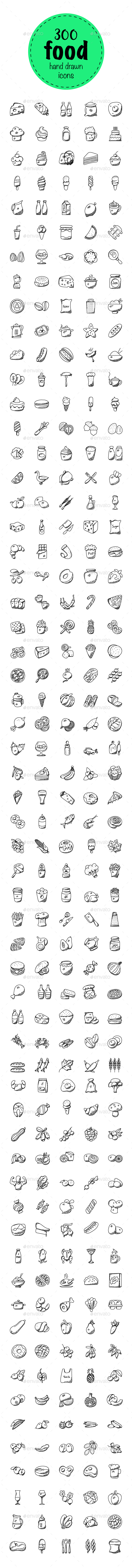 300 Food Hand Drawn Doodles Icons - Icons