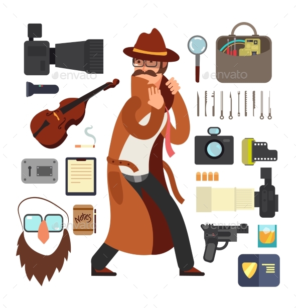 Cartoon Surveillance Detectives with Equipment - People Characters