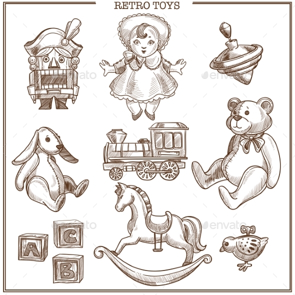 Retro Toys Sketch Collection Vector Hand Drawn - Man-made Objects Objects