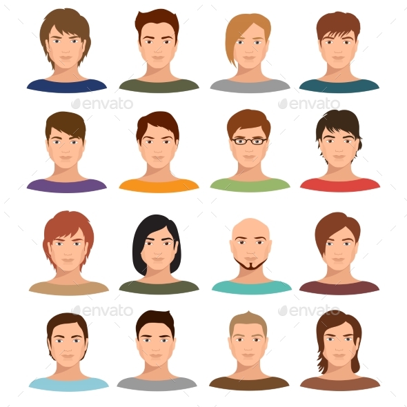 Young Cartoon Man Portraits with Various Hairstyle - People Characters